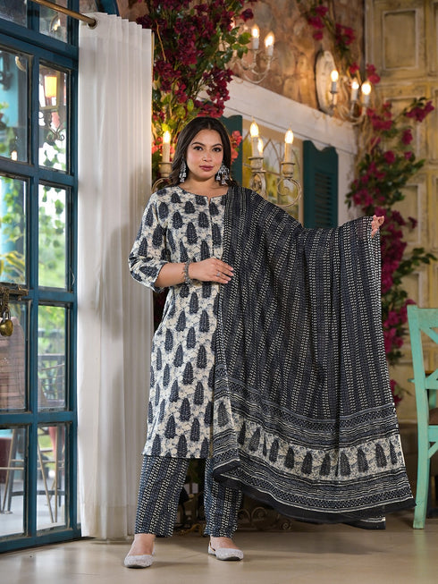 Women Plus Size Cream And Blue Pure Cotton Kurta Set With Dupatta
